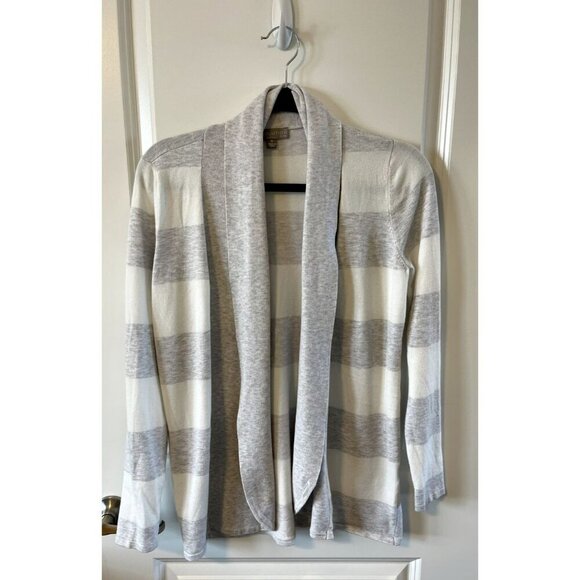 Evolution Sweaters - Evolution by Cyrus Cardigan Striped Sweater Womens S Open Front Gray/White Soft
